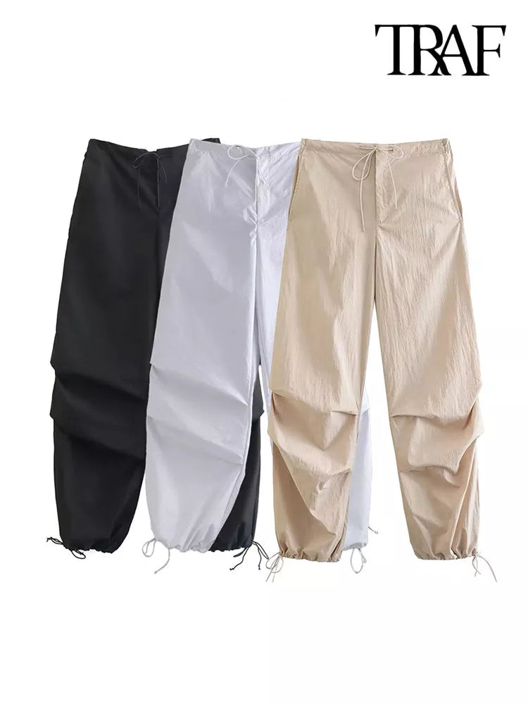 Women Fashion Side Pockets Pleats Knee Jogging Pants