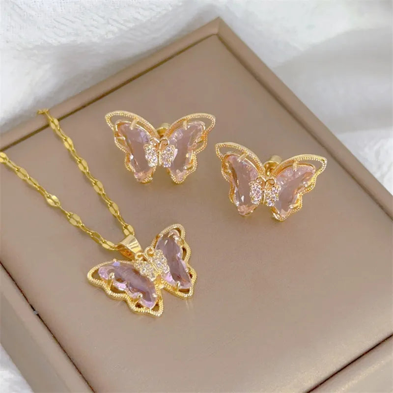 Fashion Butterfly Necklace Earrings Set