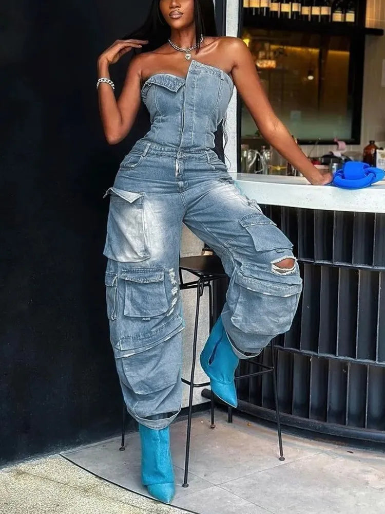 TWOTWINSTYLE Solid Patchwork Pocket Casual Denim Jumpsuit