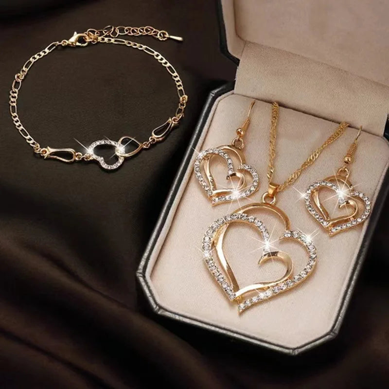 European Heart Shaped Earrings Necklace Bracelet Set